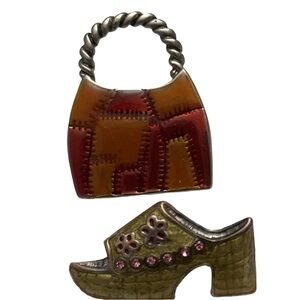 VINTAGE AJMC patchwork purse pin and beautiful sandal pin set of 2, no flaws.